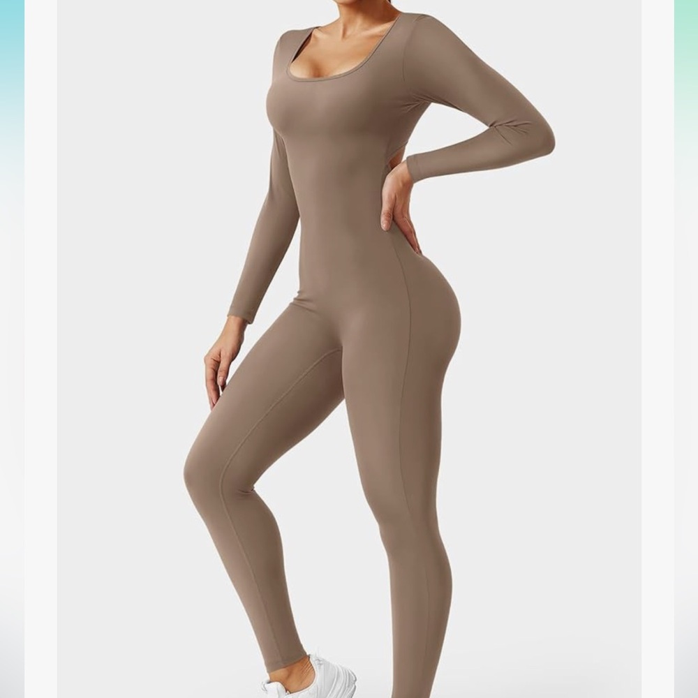 Brown Long Sleeve Cutout Jumpsuit